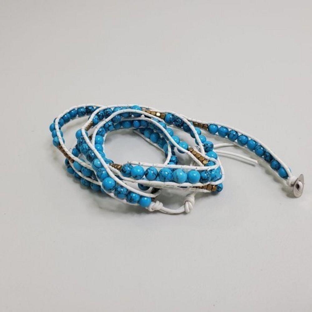 Wrap Around‎ Bracelet Beaded Blue White Faux Turquo